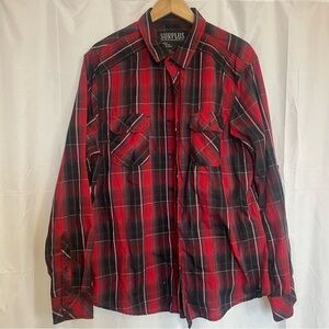 SURPLUS Men’s Red Black Plaid Casual Button Down Long Sleeve Shirt Size XL